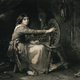 A young girl is sitting at a spinning wheel. Engraving by Francis Holl after F.W. Topham.